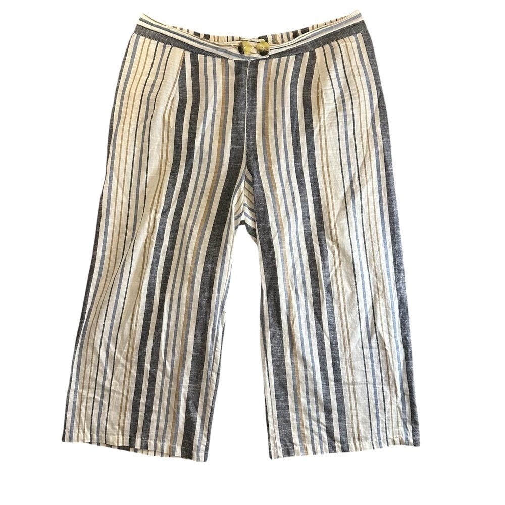 Mlle Gabrielle 100% cotton cropped striped pants Blue tan white Large